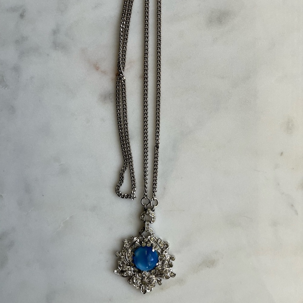Antique Blue and Silver Ornate Floral Necklace